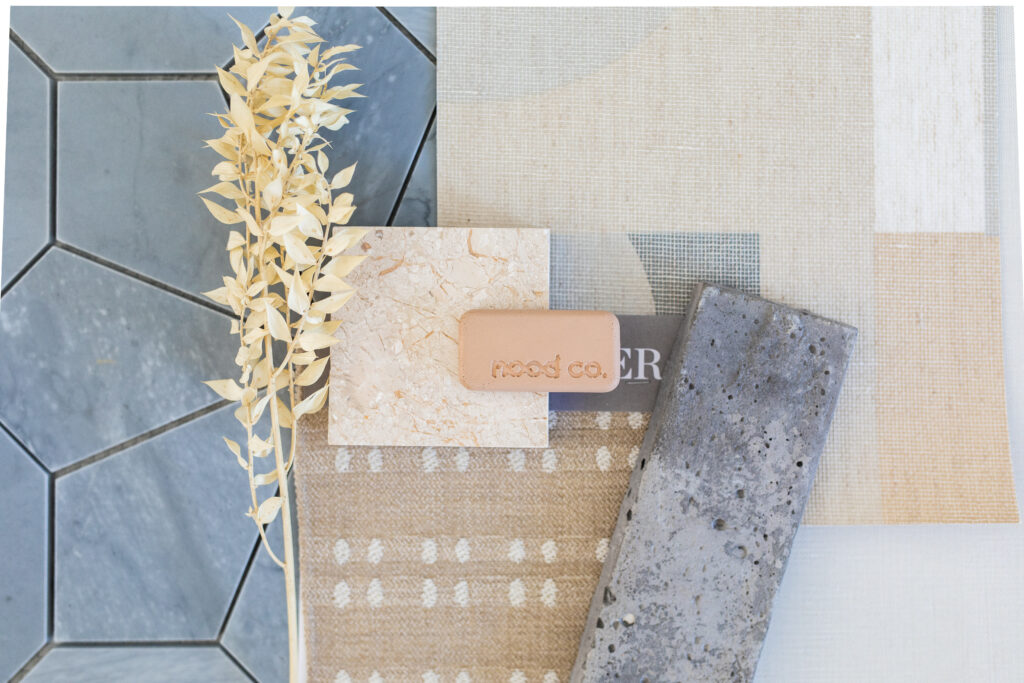 Interior design flat lay with textured gray tile, countertop slab options, wallpaper, and more by Natalie Barnas Interiors in Carlsbad, California.